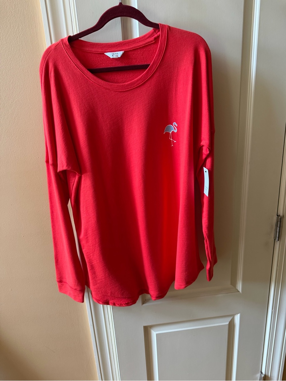 Red Long Sleeve Top with Flamingo Embroidery